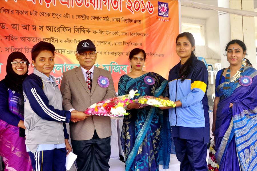 Pro-Vice-Chancellor of Dhaka University (DU) Professor Dr Shahid Akhtar Hossain distributing the prizes of the Annual Sports Competition of Bangamata Sheikh Fazilatunnessa Mujib Hall at the Central Playground of DU on Sunday.