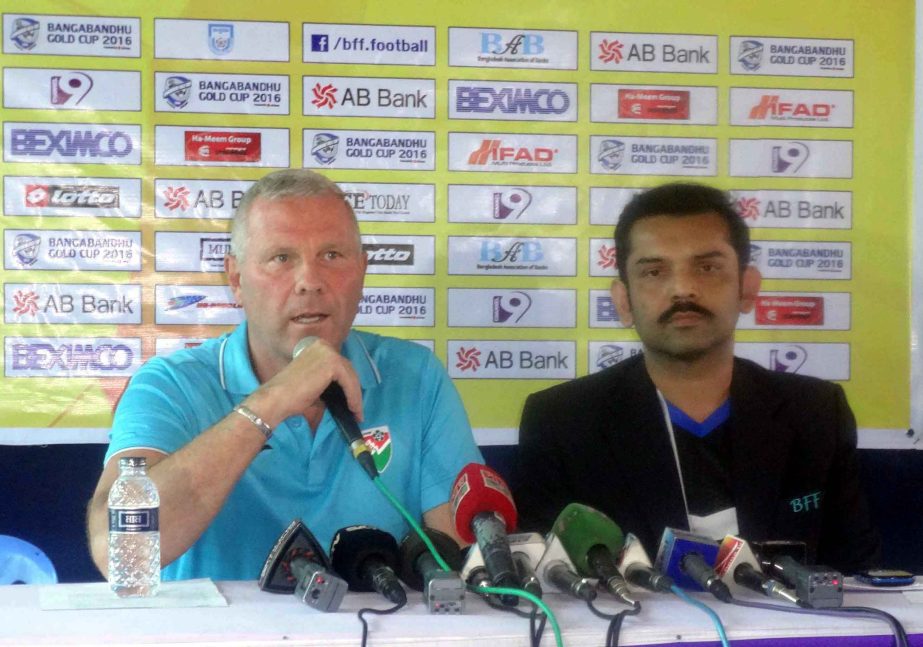 Head Coach of Maldives Ricki Iioyd Herbart speaking at a press conference at the Shams-Ul-Huda Stadium in Jessore on Sunday.