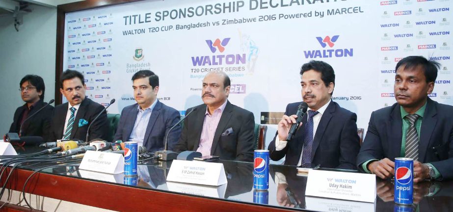 Executive Director of Walton SM Zahid Hasan speaking at a press conference at the Sher-e-Bangla National Cricket Stadium in Mirpur on Tuesday.