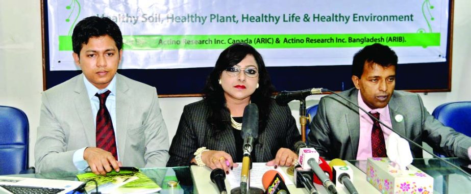 Ismat Ara, Global President of Actino Research Inc Bangladesh and Canada, speaking at a press conference on 'Healthy Soil, Healthy Plant, Healthy Life and Healthy Environment' at the auditorium of Reporters' Unity in the city on Tuesday.