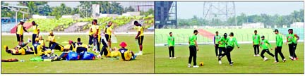 Member of Zimbabwe National Cricket team (left) and cricketers of Bangladesh National Cricket team during their respective practice sessions at the Sheikh Abu Naser Stadium in Khulna on Thursday. Bangladesh take on Zimbabwe in the first T20I of the four-m
