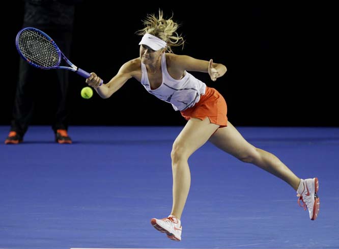 Russia's Maria Sharapova hits a forehand return during a practice session on Rod Laver Arena ahead of the Australian Open tennis championships in Melbourne, Australia on Thursday.