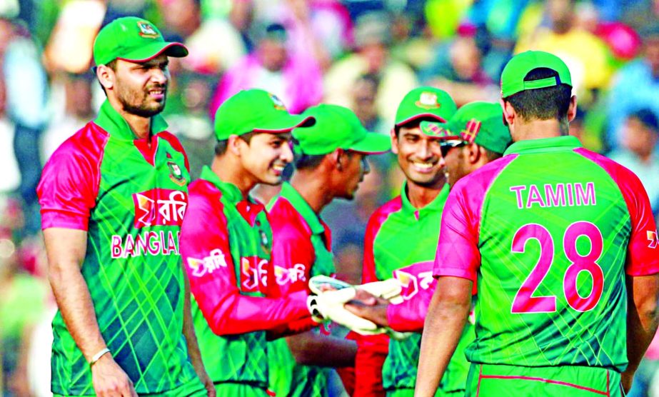 Players of Bangladesh National Cricket team celebrate after taking a Zimbabwe wicket in the first match at the Sheikh Abu Naser Stadium in Khulna on Friday.