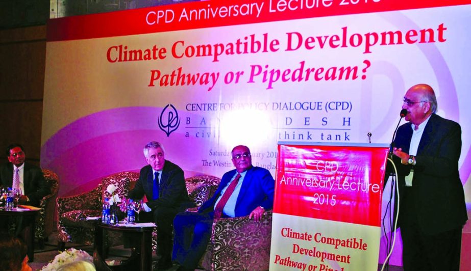 Chairman of Center for Policy Dialogue (CPD) Dr Rehman Sobhan speaking at CPD Anniversary Lecture session on 'Climate Compatible Development Pathway or Pipedream' organized by CPD at a hotel in the city on Saturday.