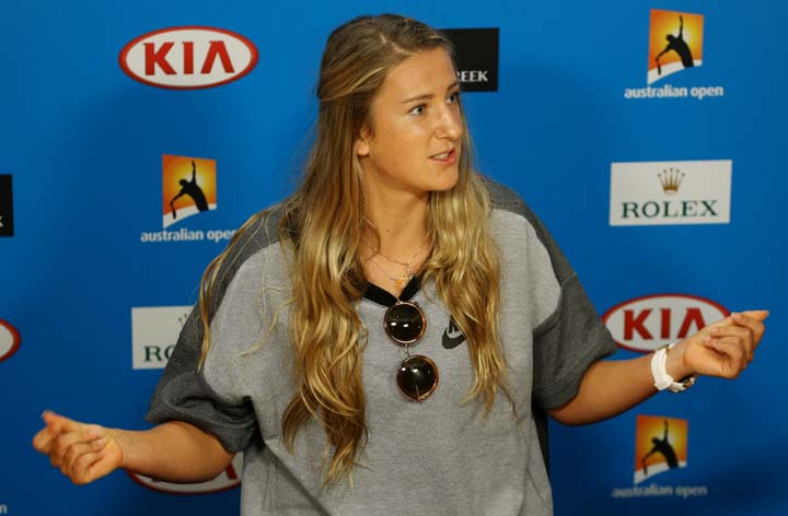 Victoria Azarenka of Belarus gestures during a press conference ahead of the Australian Open tennis championships in Melbourne, Australia on Saturday.
