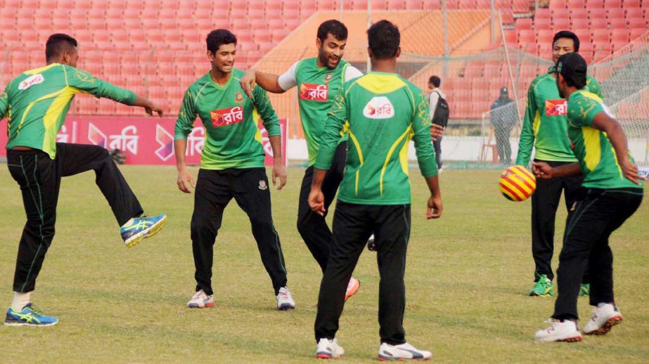Players of Bangladesh National Cricket team during their practice session at the Sheikh Abu Naser Stadium in Khulna on Saturday. Bangladesh take on visiting Zimbabwe in the second match of the four-match T20I series at the Sheikh Abu Naser Stadium in Khu