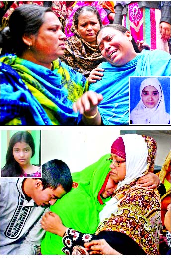 Relatives wailing as 9th grade student 'Sabiha Akhter of Begum Rahima School (top) and 5th grader Khadiza Sultana Mitu (bottom) lost their lives near Matshya Bhaban and Shahbagh inter-section on Saturday due to reckless driving of bus drivers.