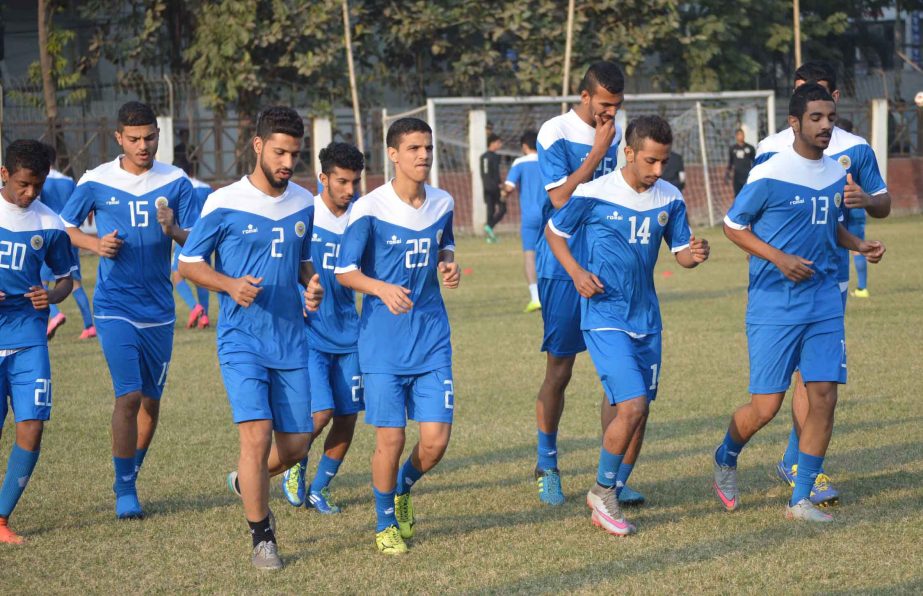 Members of Bahrain Football team during their practice session at the Sheikh Jamal Dhanmoni Club Limited Ground on Sunday.