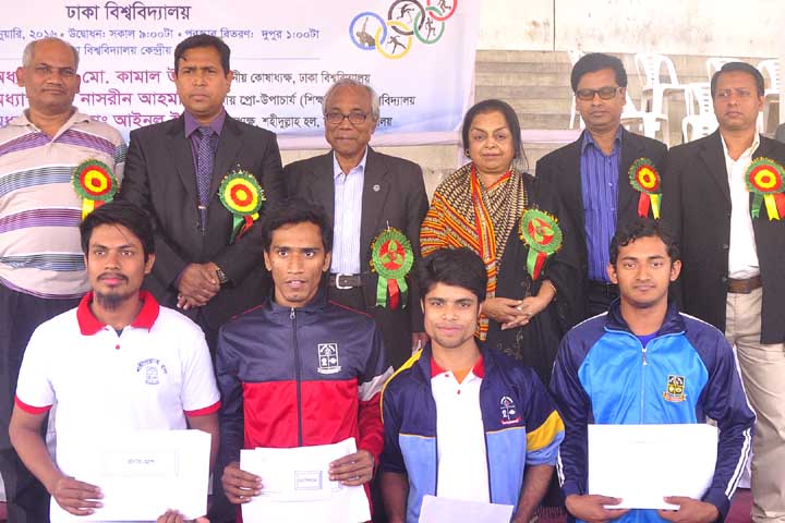 The winners of the Annual Athletics Competition of Shahidullah Hall of Dhaka University (DU) with Pro-Vice-Chancellor (Education) of Dhaka University Professor Dr Nasreen Ahmad (3rd from right) pose for a photo session at the Central Playground of DU