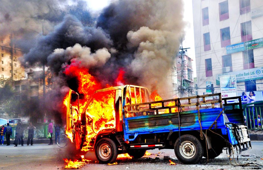 A truck was torched and some vehicles also were vandalised at Naya Paltan area when two groups of 'Asal' and BNP activists locked in clashes to maintain supremacy at its central office on Sunday.