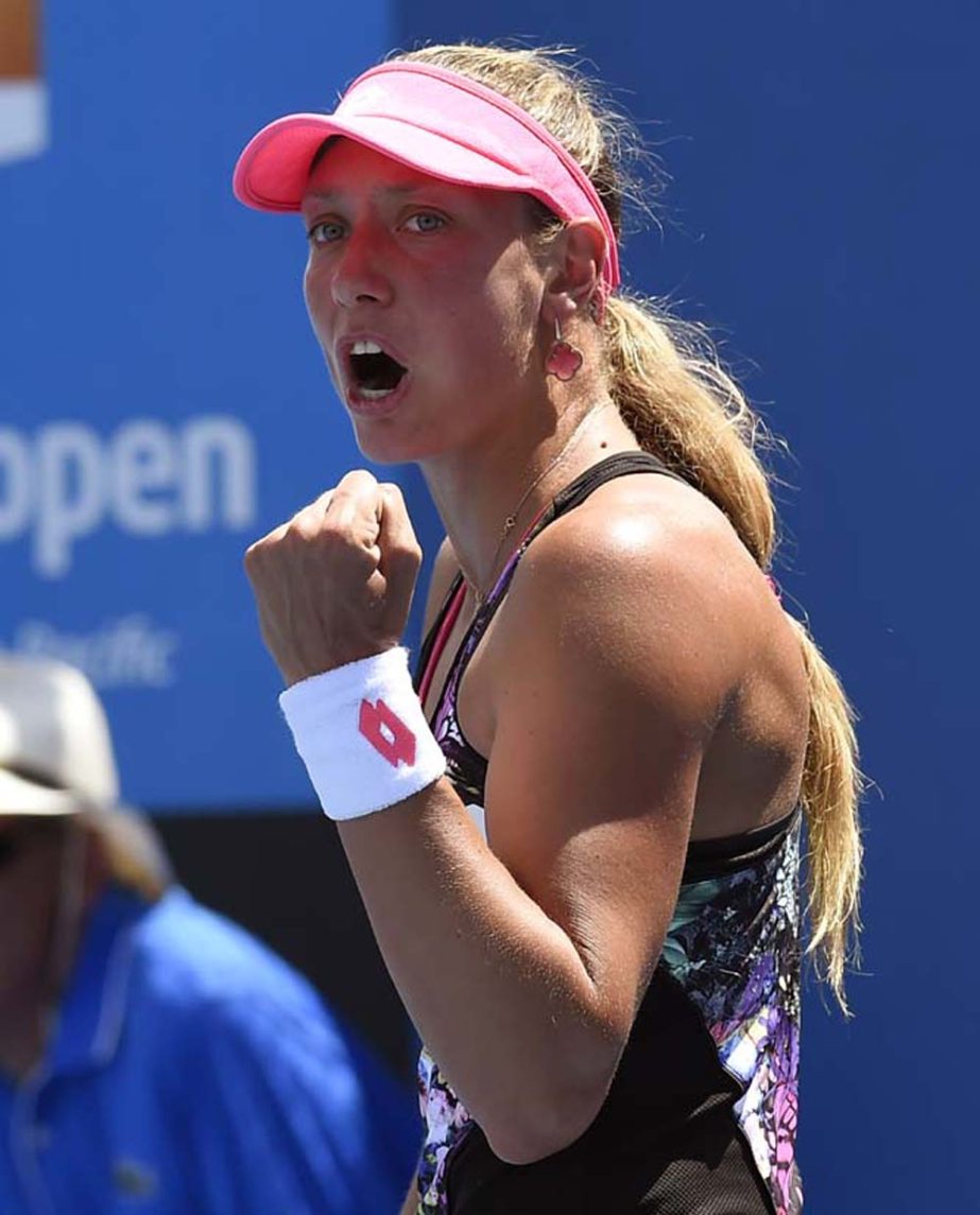Yanina Wickmayer of Belgium reacts during her first round match against Magdalena Rybarikova of Slovakia at the Australian Open tennis championships in Melbourne, Australia on Monday.