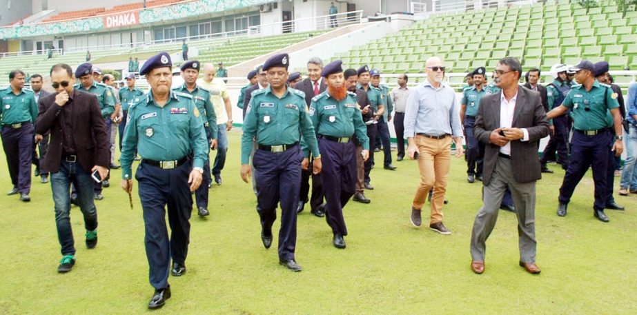 The ICC security delegation with Bangladesh Police inspect Sher-e-Bangla National Cricket Stadium ahead of the ICC Under-19 World Cup Cricket on Tuesday.