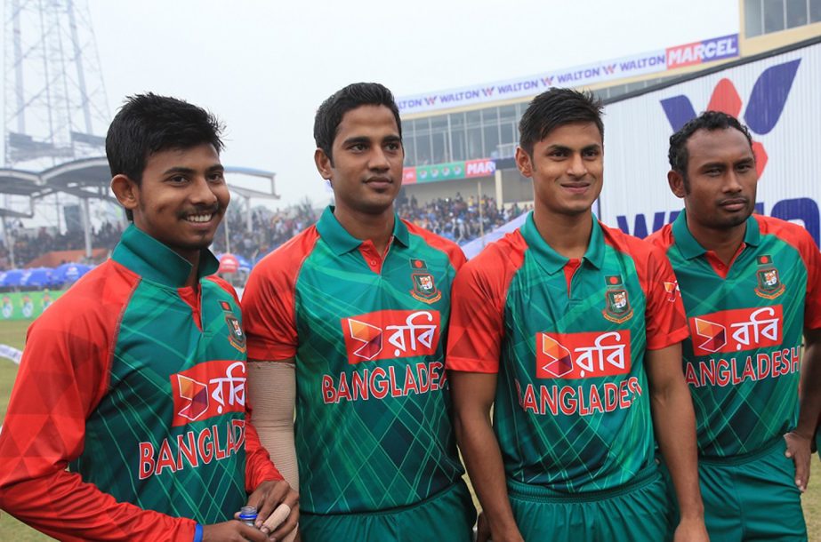 Photo shows (L-R) Mosaddek Hossain, Mukhtar Ali, Abu Hider and Mohammad Shahid on their debuts T20 match against Zimbabwe at Sheikh Abu Naser Stadium in Khulna on Wednesday.