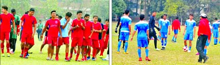 Members of Nepal Football team (left) during their practice session at the Abahani Limited Ground on Thursday and Bahrain Football team taking part at the practice session at the BUET Ground on the same day.