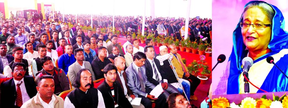 Prime Minister Sheikh Hasina addressing the Platinum Jubilee celebration of Madan Mohan College in Sylhet on Thursday.
