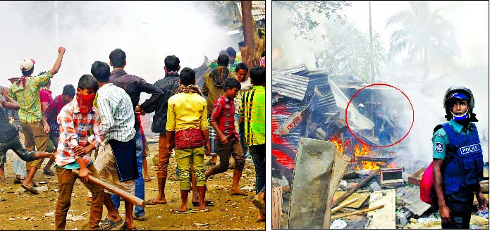 Slum dwellers locked in clashes with police (left) during an eviction drive at Kalyanpur by the Public Works Department (PWD) on Thursday.