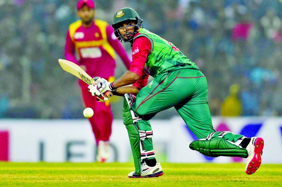 Bangladesh cricketer Mahmudullah Riyad plays a shot during the fourth T20 cricket match between Bangladesh and Zimbabwe at the Sheikh Abu Naser Stadium in Khulna on Friday.