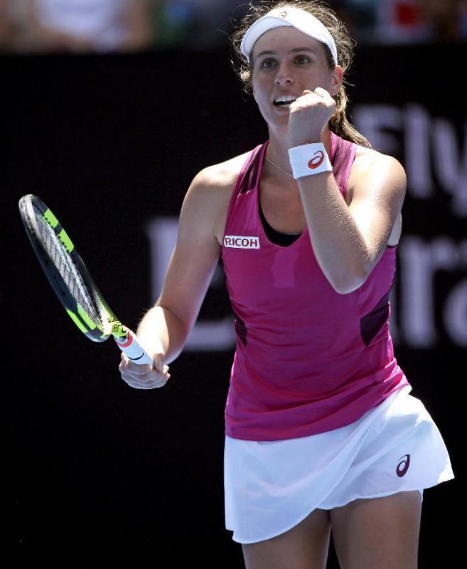 Johanna Konta of Britain celebrates after defeating Venus Williams of the United States in their first round match at the Australian Open tennis championships in Melbourne, Australia on Tuesday.