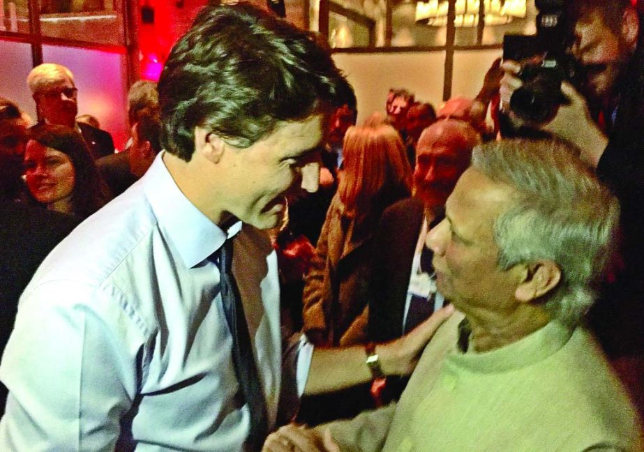 Prime Minister of Canada Justin Trudeau and Nobel Laureate Professor Muhammad Yunus at a reception hosted by the Prime Minister at Davos to discuss about international development