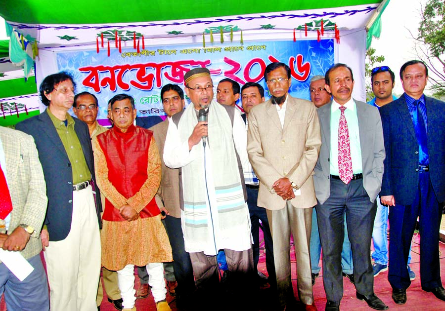 Shawkat Hasanur Rahman Rimon MP speaking as Chief Guest at the annual picnic of Betagi Progati Forum held at the National Botanical Garden in the city on Friday. Office-bearers of the Forum seen in the picture.