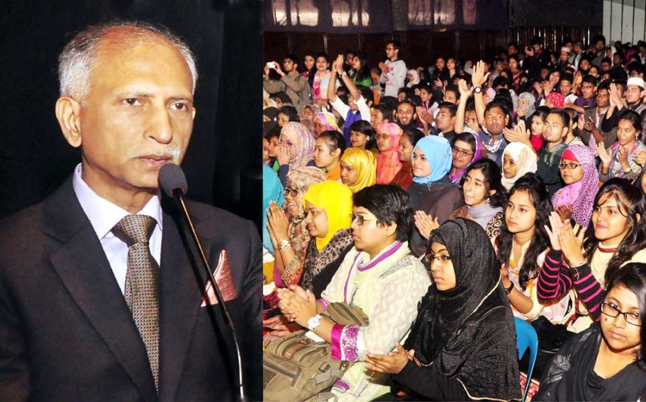 Dhaka University Vice-Chancellor Prof Dr AAMS Arefin Siddique addressing the orientation program for the first year Honors students of various departments under the Faculty of Arts and the Faculty of Fine Arts of DU on Tuesday at the TSC auditorium of the