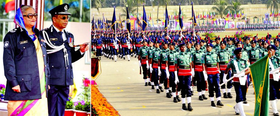 Marking the Police Week 2016 Prime Minister Sheikh Hasina witnessing the parade of Police forces at the Razarbagh Police Line on Tuesday.