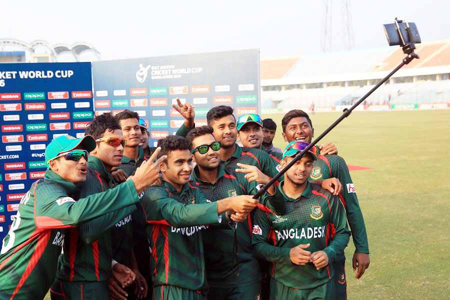 The Bangladesh Under-19 players take a selfie after their victory against South Africa in Under-19 World Cup at the Zahur Ahmed Chowdhury Stadium in Chittagong on Wednesday.