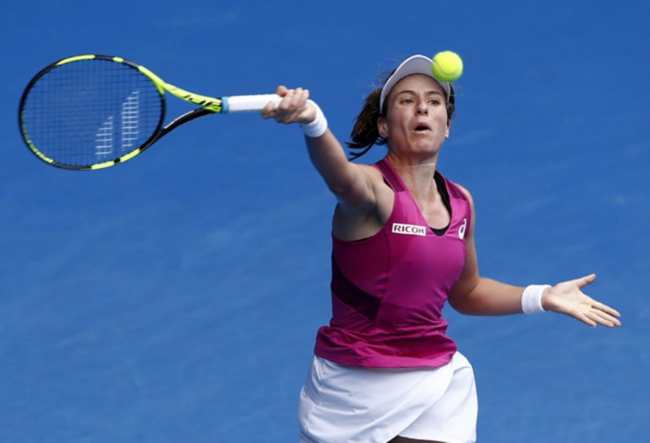 Johanna Konta of Britain plays a forehand return to Zhang Shuai of China during their quarterfinal match at the Australian Open tennis championships in Melbourne, Australia on Wednesday.