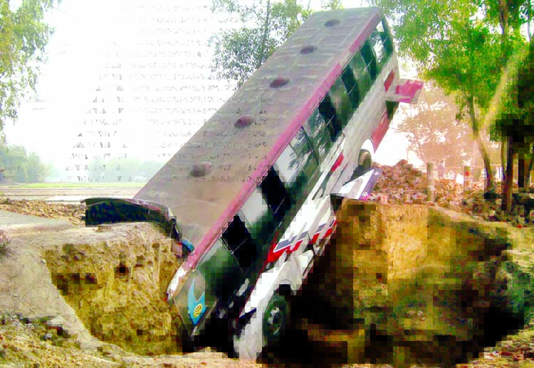 Dinajpur-bound coach skidded into a roadside ditch from an under construction bridge on Dinajpur-Fulbari Highway at Purba Bajitpur area on Wednesday when driver lost control of the steering while he was sleeping.