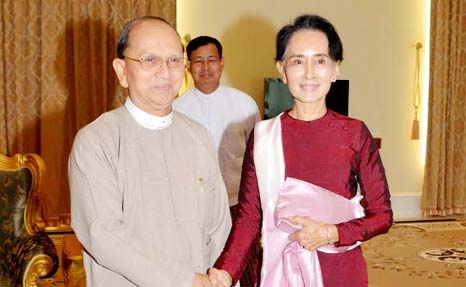 Myanmar President Thein Sein and Aung San Suu Kyi ahead of their meeting in Naypyidaw.