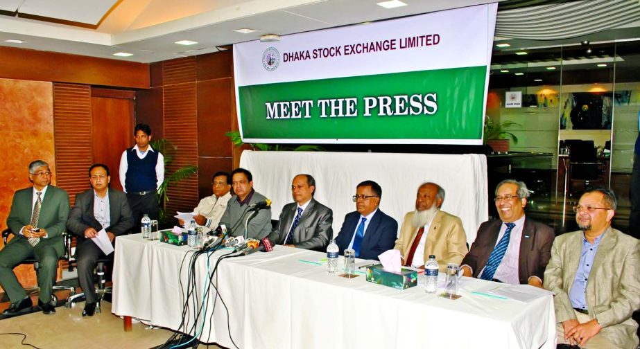 Abdul Matin Patwary FCMA, Managing Director (acting) of Dhaka Stock Exchange speaking at a press conference on contemporary situation of DSE trading system at its building on Thursday. Directors Prof Dr Abul Hasem, Md Ruhul Amin FCMA, Prof Dr M Kaikobad,