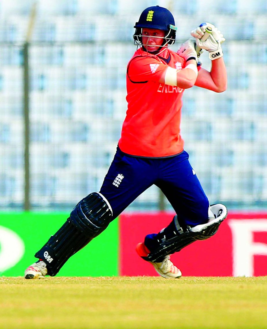 Callum Taylor scored 59 off 67 balls in ICC Under-19 World Cup Cricket match between England and West Indies at the Zahur Ahmed Chowdhury Stadium in Chittagong on Friday.