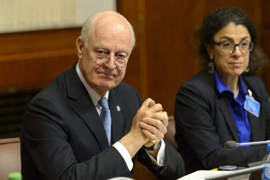 UN Special Envoy of the Secretary-General for Syria, Staffan de Mistura, sits after arriving for the round of negotiation between the Syrian government and the opposition in Geneva, Switzerland, on Friday.