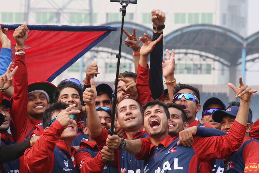 The Nepal Under-19 players celebrate their win with a team selfie beating Ireland in ICC Under-19 World Cup at Fatullah on Saturday.