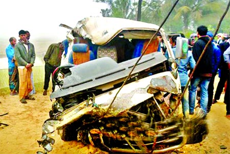 A goods laden truck collided head on with a microbus in Pagalir Beel area of Chakoria upazila under Cox's Bazar on Saturday leaving two dead and injuring 12 others.