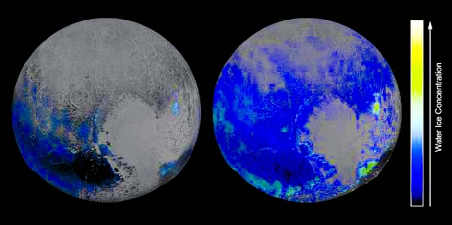 Initial scans of Pluto's pure water ice (color data, left) and new interpretations taking into account other elements and compounds (right).