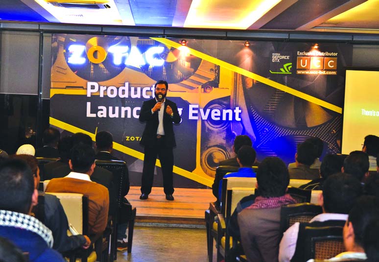 Sarwar Mahmud Khan, CEO of UCC launching the Zotac products in Bangladesh at a program in the city recently. Zotac Intl' country manager Dipak Gupta, representative of Nvidia Graphics Atul Mona were present.