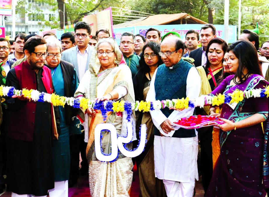 Prime Minister Sheikh Hasina formally inaugurating the month-long Ekushey Boi Mela at the Bangla Academy premises on Monday.