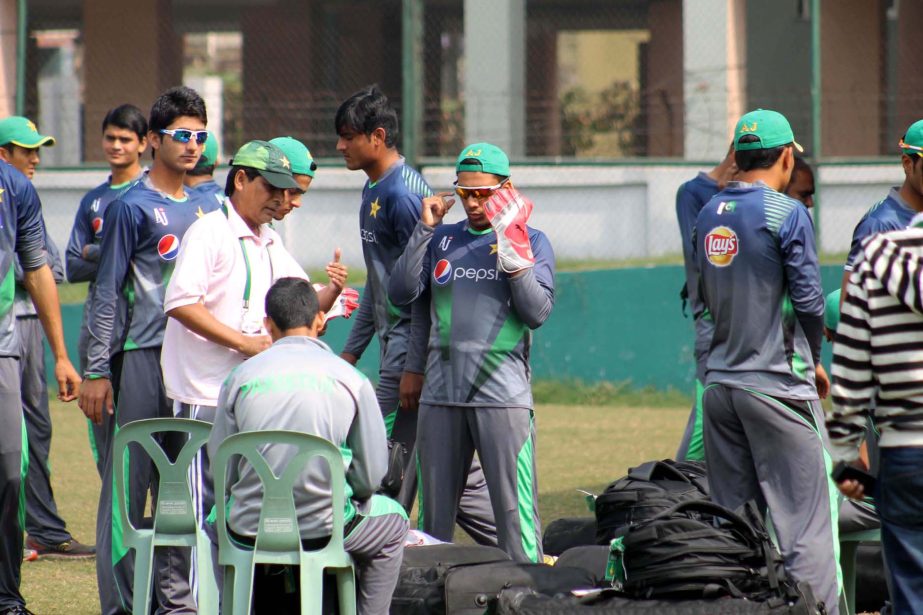 Members of Pakistan Under-19 Cricket team during their practice session at BCB-NCA Academy Ground in Mirpur on Tuesday.