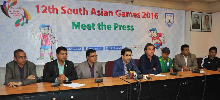 Vice-President of Bangladesh Football Federation (BFF) Kazi Nabil Ahmed speaking at a press conference at the conference room of BFF House on Wednesday.