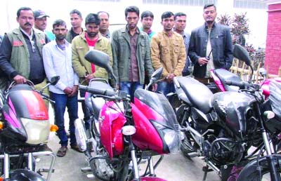 MYMENSINGH: DB police, Mymensingh arrested four hijackers with five stolen motor cycles from different areas on Sunday.