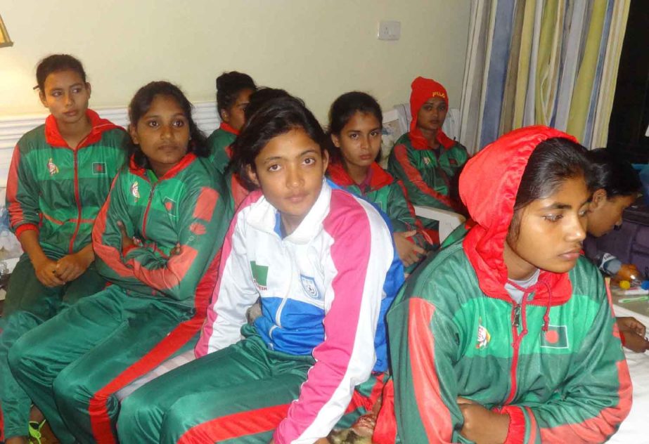 Members of Bangladesh National Women's Football team taking rest at the Hotel Al Pine Continental in Shillong of India on Thursday.