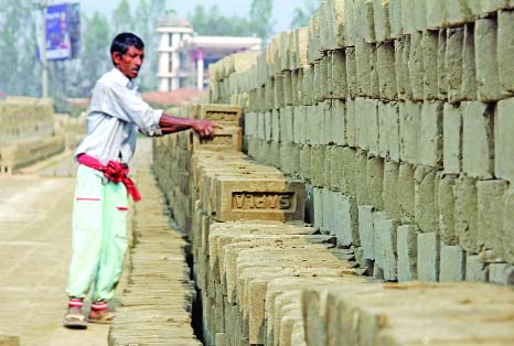 SIRAJGANJ: Brick business is gaining momentum in Sirajganj district this year. A worker seen spending busy time in making a heap of raw bricks before burning them into the kilns. This picture was taken from a brickfield at Hatikumrul area under Ullapara i
