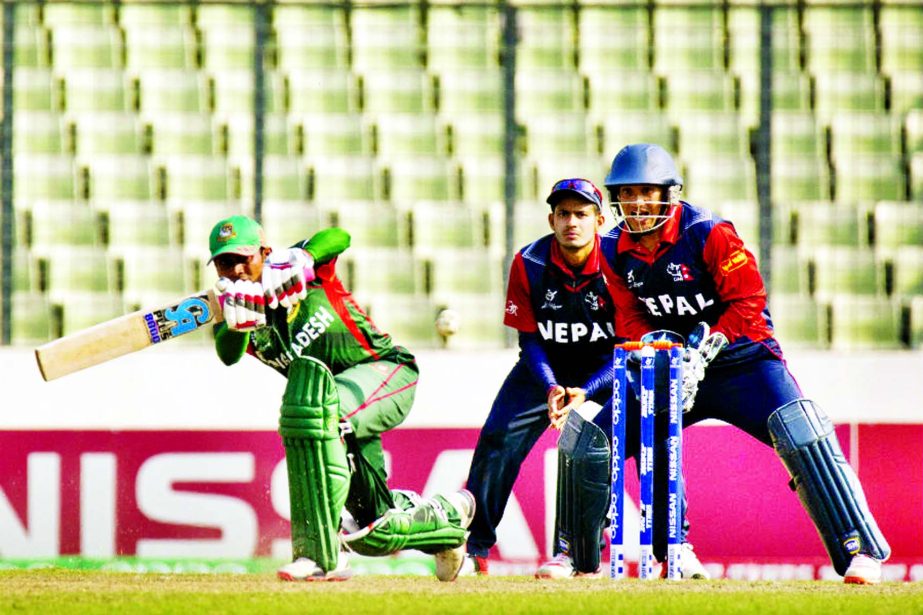 Mehedi Hasan works one on the leg side during his unbeaten 55 in the Under-19 World Cup cricket match between Bangladesh and Nepal at the Sher-e-Bangla National Cricket Stadium in Mirpur on Friday.