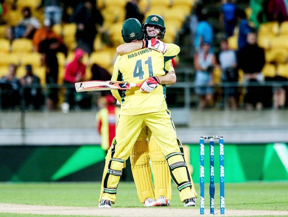 Mitchell Marsh and John Hastings embrace after Australia's win in the 2nd ODI between Australia and New Zealand at on Saturday.