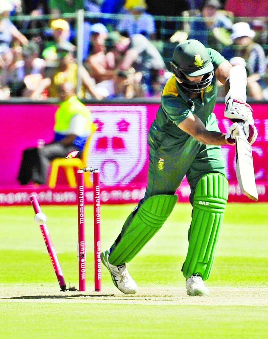 South Africa's Hashim Amla is bowled out by England's Reece Topley during their second One Day International cricket match in Port Elizabeth, South Africa, on Saturday.