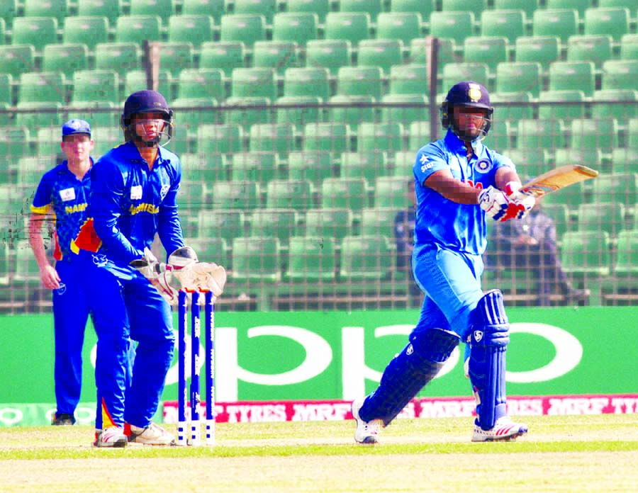 Rishabh Pant pulls during his brisk ton in the second quarter-final match of the ICC Under-19 Cricket World Cup between India Under-19 Cricket team and Namibia Under-19 Cricket team at the Khan Shaheb Osman Ali Stadium in Fatullah on Saturday.