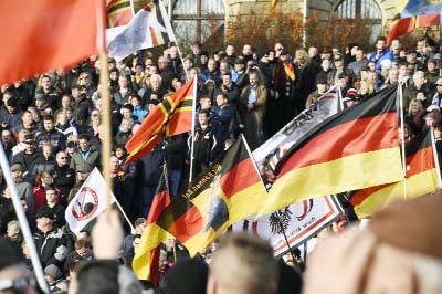 Supporters of the Pegida movement (Patriotic Europeans Against the Islamisation of the Occident) gather in Dresden, eastern Germany on Saturday.