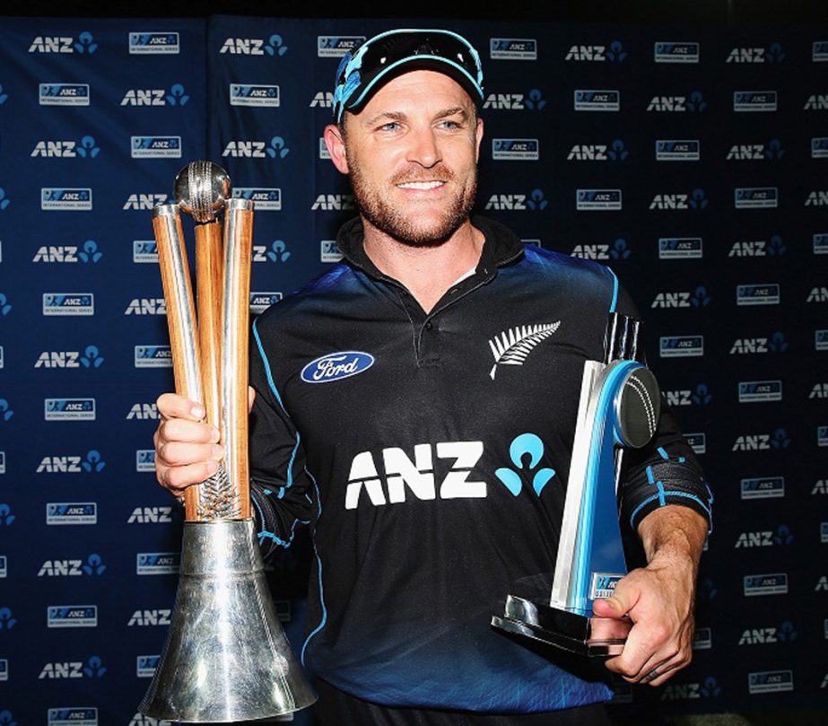 Brendon McCullum poses with the series trophies at Seddon Park in Hamilton, New Zealand on Monday.