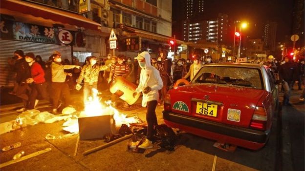 The protesters lit several fires in the streets